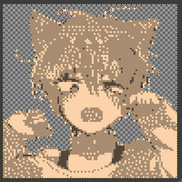 The aforementioned second image, cut down into a 96x96 four-colour image dithered with Floyd-Steinberg dithering. You can't make out what it's meant to be.