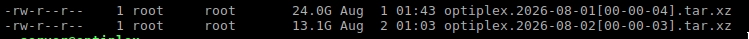 Two backups in the form of xz-compressed tarballs. One is from midnight yesterday and the other from midnight today. The size of the older one is 24G, while the newer one is 13.1G.