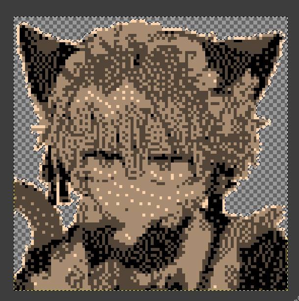 The aforementioned first image, cut down into a 96x96 four-colour image dithered with Floyd-Steinberg dithering. You can't make out what it's meant to be.
